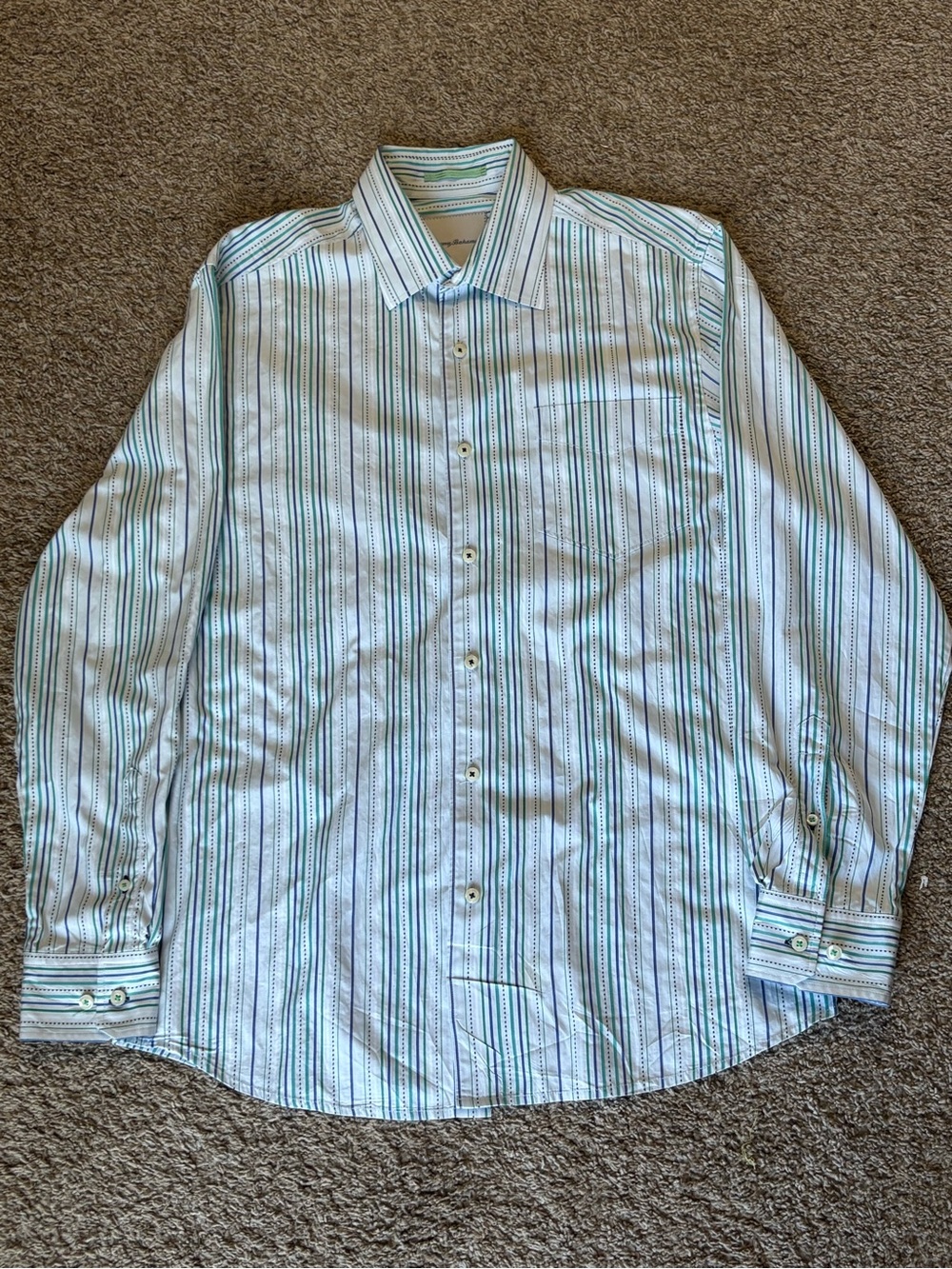 Tommy Bahama White Dress Shirt with Blue and Green Stripes